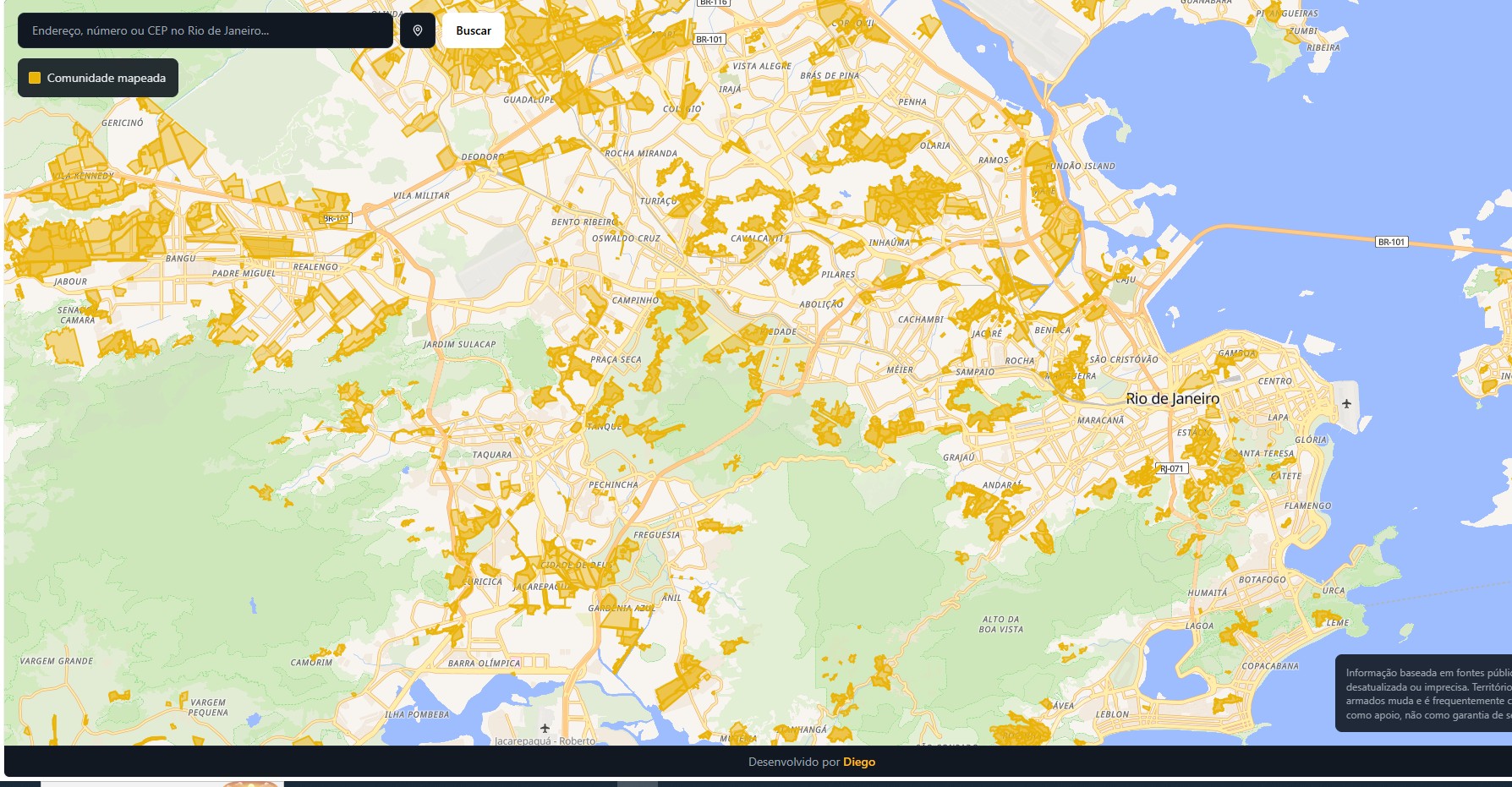 Mapa interativo do app Radar das Favelas mostrando comunidades mapeadas no Rio de Janeiro